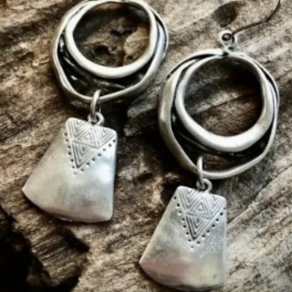2 Pairs!  Vintage Silver-Plated Geometric Dangle Earrings - Unique Retro Bohemia - Picture 2 of 6